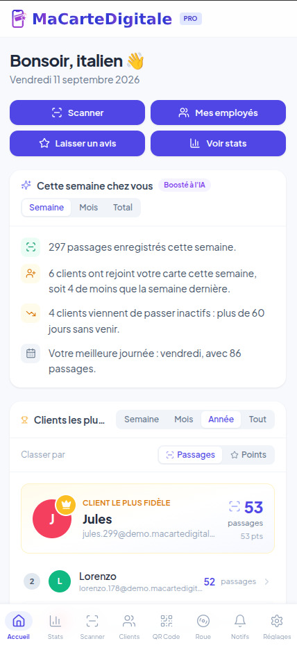 Tableau de bord MaCarteDigitale sur mobile